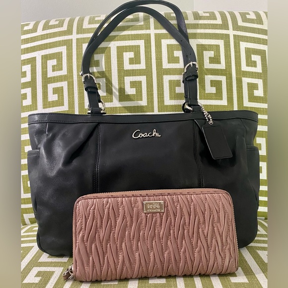 Coach Handbags - Coach Ashley Black Leather East West Gallery Tote & Madison Pink Gathered Wallet